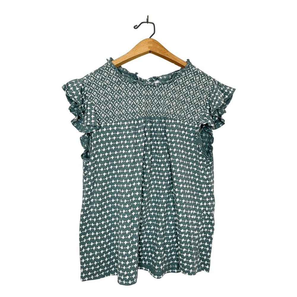 Ann Taylor LOFT Geometric Print Ruffle Cap Sleeve Cotton Top Medium M